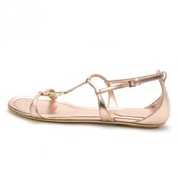 Pre Owned Gucci Rose Gold Leather Logo Charm Strappy Sandals Size 37