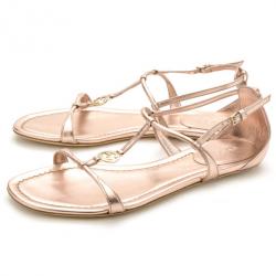 Pre Owned Gucci Rose Gold Leather Logo Charm Strappy Sandals Size 37