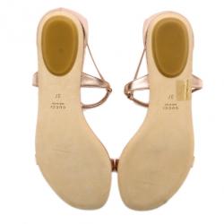 Pre Owned Gucci Rose Gold Leather Logo Charm Strappy Sandals Size 37