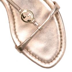 Pre Owned Gucci Rose Gold Leather Logo Charm Strappy Sandals Size 37