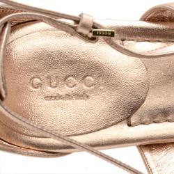 Pre Owned Gucci Rose Gold Leather Logo Charm Strappy Sandals Size 37