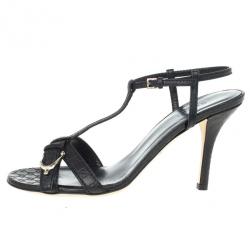 Pre Owned Gucci Black Leather Nice Microguccissima Mid Heel Sandals Size 37.5