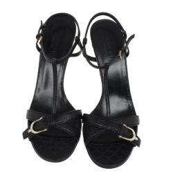 Pre Owned Gucci Black Leather Nice Microguccissima Mid Heel Sandals Size 37.5