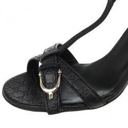 Pre Owned Gucci Black Leather Nice Microguccissima Mid Heel Sandals Size 37.5