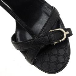 Pre Owned Gucci Black Leather Nice Microguccissima Mid Heel Sandals Size 37.5