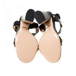 Pre Owned Gucci Black Leather Faux Pearl Embellished Willow T Strap Sandals Size 38