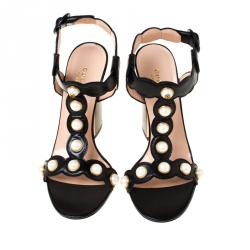 Pre Owned Gucci Black Leather Faux Pearl Embellished Willow T Strap Sandals Size 38