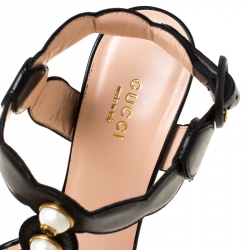 Pre Owned Gucci Black Leather Faux Pearl Embellished Willow T Strap Sandals Size 38