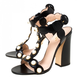 Pre Owned Gucci Black Leather Faux Pearl Embellished Willow T Strap Sandals Size 38