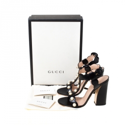 Pre Owned Gucci Black Leather Faux Pearl Embellished Willow T Strap Sandals Size 38