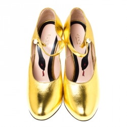 Pre Owned Gucci Gold Lesly Patent Leather Mary Jane Pumps Size 38