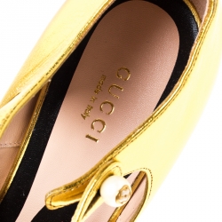 Pre Owned Gucci Gold Lesly Patent Leather Mary Jane Pumps Size 38