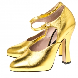 Pre Owned Gucci Gold Lesly Patent Leather Mary Jane Pumps Size 38