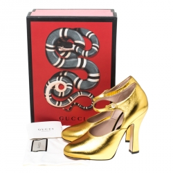 Pre Owned Gucci Gold Lesly Patent Leather Mary Jane Pumps Size 38