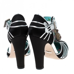 Pre Owned Gucci Black Satin And Sliver Leather Flower Embellished T Strap Sandals Size 37