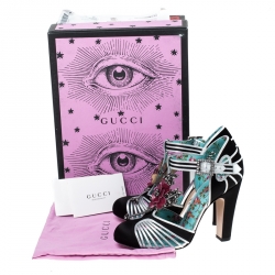 Pre Owned Gucci Black Satin And Sliver Leather Flower Embellished T Strap Sandals Size 37