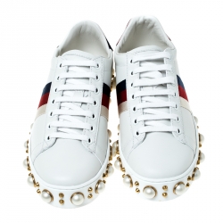 Gucci White Leather Pearl Studded Ace Low Top Sneakers Size 35.5 