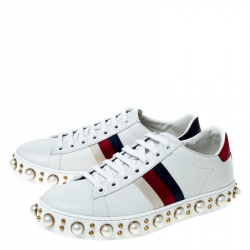 Gucci White Leather Pearl Studded Ace Low Top Sneakers Size 35.5 