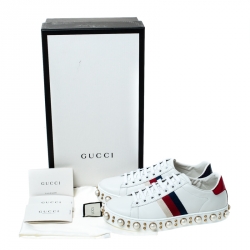 Gucci White Leather Pearl Studded Ace Low Top Sneakers Size 35.5 