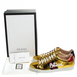 Gucci Metallic Gold Ace Blind For Love Lace Up Sneakers Size 38