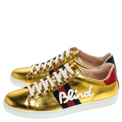 Gucci Metallic Gold Ace Blind For Love Lace Up Sneakers Size 38