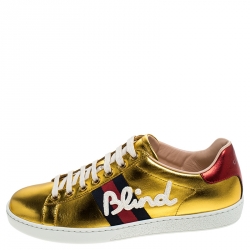 Gucci Metallic Gold Ace Blind For Love Lace Up Sneakers Size 38