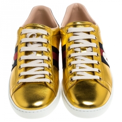 Gucci Metallic Gold Ace Blind For Love Lace Up Sneakers Size 38