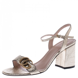 Pre Owned Gucci Gold Foil Leather GG Marmont Ankle Strap Sandals Size 38.5