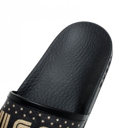 Gucci Black/Gold Coated Canvas Guccy Slip On Slides Size 35