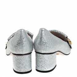 Pre Owned حذاء كعب عالي غوتشي كعب عريض مارمونت GG جلد منقوش فضي مقاس 38