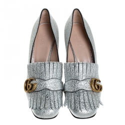 Pre Owned حذاء كعب عالي غوتشي كعب عريض مارمونت GG جلد منقوش فضي مقاس 38