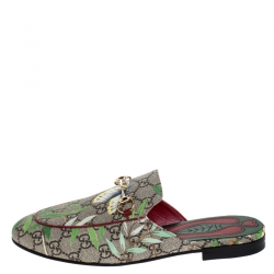Pre Owned Gucci Beige GG Supreme Monogram Coated Canvas Tian Princetown Flat Mules Size 39