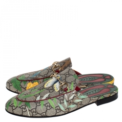 Pre Owned Gucci Beige GG Supreme Monogram Coated Canvas Tian Princetown Flat Mules Size 39
