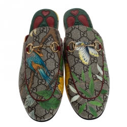 Pre Owned Gucci Beige GG Supreme Monogram Coated Canvas Tian Princetown Flat Mules Size 37