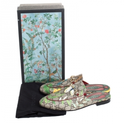 Pre Owned Gucci Beige GG Supreme Monogram Coated Canvas Tian Princetown Flat Mules Size 37