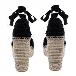 مملوكة مسبقًا Gucci Black Crochet Lilibeth Logo Embellished Platform Wedge Espadrilles Size 38