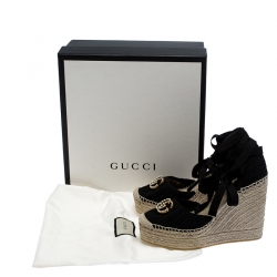 مملوكة مسبقًا Gucci Black Crochet Lilibeth Logo Embellished Platform Wedge Espadrilles Size 38