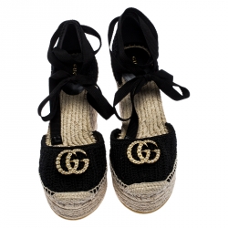 مملوكة مسبقًا Gucci Black Crochet Lilibeth Logo Embellished Platform Wedge Espadrilles Size 38