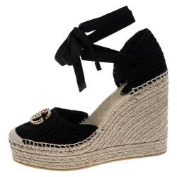 مملوكة مسبقًا Gucci Black Crochet Lilibeth Logo Embellished Platform Wedge Espadrilles Size 38