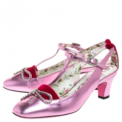 Pre Owned Gucci Metallic Pink Leather And Red Suede Anita Pumps Size 36