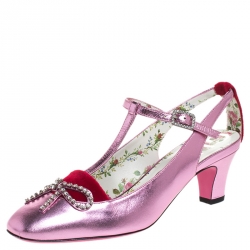 Pre Owned Gucci Metallic Pink Leather And Red Suede Anita Pumps Size 36