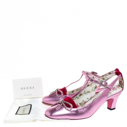 Pre Owned Gucci Metallic Pink Leather And Red Suede Anita Pumps Size 36
