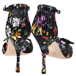 مملوكة مسبقًا Gucci Floral Printed Silk Bow Ankle Strap Ruffle Detail Sandals Size 38