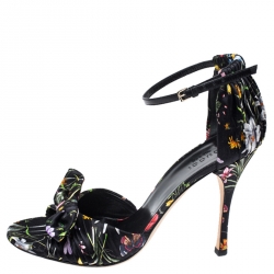 مملوكة مسبقًا Gucci Floral Printed Silk Bow Ankle Strap Ruffle Detail Sandals Size 38