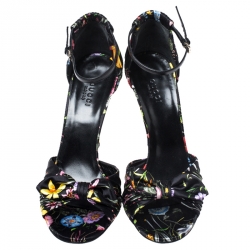 مملوكة مسبقًا Gucci Floral Printed Silk Bow Ankle Strap Ruffle Detail Sandals Size 38