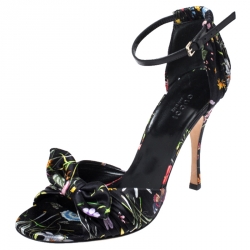 مملوكة مسبقًا Gucci Floral Printed Silk Bow Ankle Strap Ruffle Detail Sandals Size 38