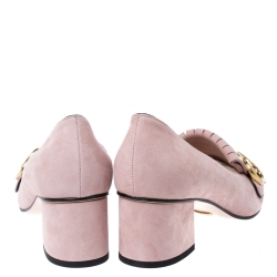 مملوكة مسبقًا حذاء كعب عالي غوتشي كعب عريض تفاصيل شراشيب مارمونت GG سويدي وردي مقاس 38.5