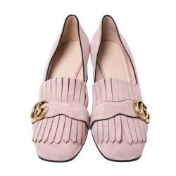 مملوكة مسبقًا حذاء كعب عالي غوتشي كعب عريض تفاصيل شراشيب مارمونت GG سويدي وردي مقاس 38.5