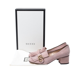 مملوكة مسبقًا حذاء كعب عالي غوتشي كعب عريض تفاصيل شراشيب مارمونت GG سويدي وردي مقاس 38.5