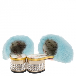 Pre Owned Gucci Metallic Gold Leather and Blue Mink Fur Slide Sandals Size 39